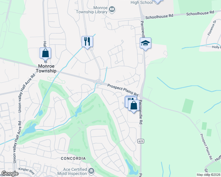 map of restaurants, bars, coffee shops, grocery stores, and more near 145A Concordia Circle in Monroe Township