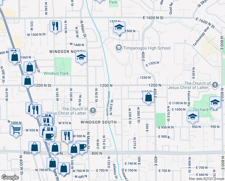 map of restaurants, bars, coffee shops, grocery stores, and more near 1175 North 140 East Street in Orem