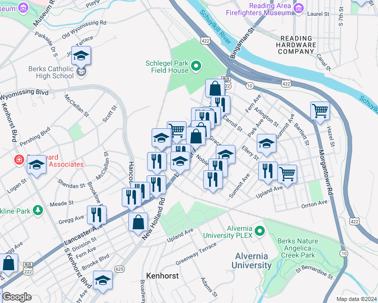 map of restaurants, bars, coffee shops, grocery stores, and more near 615 Lancaster Avenue in Reading