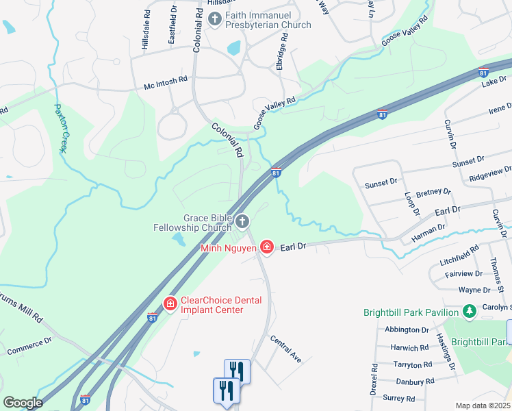map of restaurants, bars, coffee shops, grocery stores, and more near 1285 Colonial Road in Harrisburg