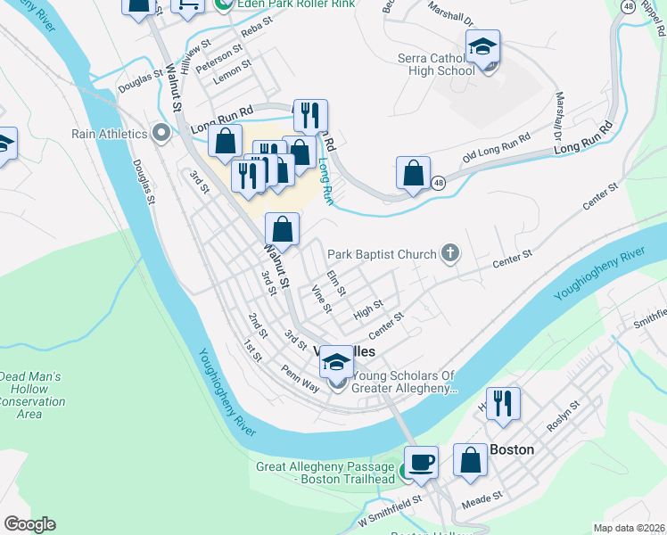 map of restaurants, bars, coffee shops, grocery stores, and more near 605 Bayne Street in McKeesport