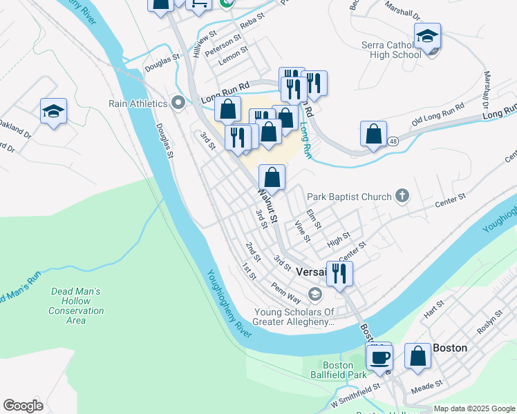 map of restaurants, bars, coffee shops, grocery stores, and more near 4626 Walnut Street in McKeesport