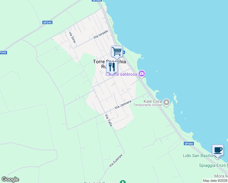 map of restaurants, bars, coffee shops, grocery stores, and more near 13 Via Jannara in Torre Specchia Ruggeri