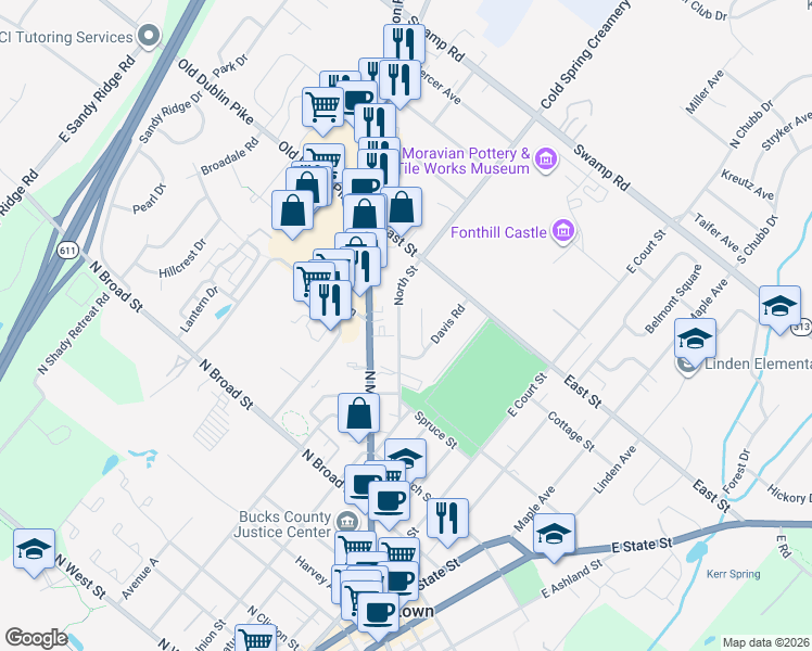 map of restaurants, bars, coffee shops, grocery stores, and more near 355 North Street in Doylestown