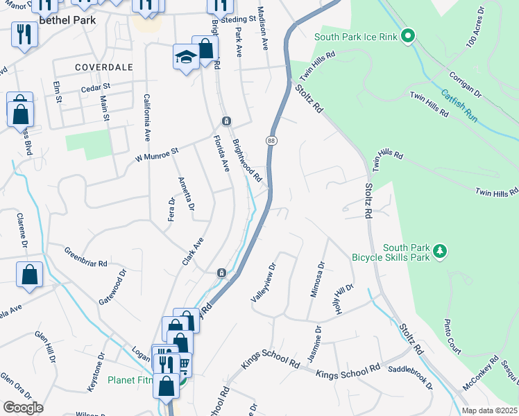 map of restaurants, bars, coffee shops, grocery stores, and more near 5628 Library Road in Bethel Park