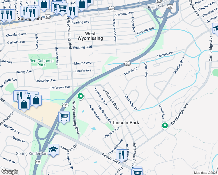 map of restaurants, bars, coffee shops, grocery stores, and more near 615 Jefferson Boulevard in Reading
