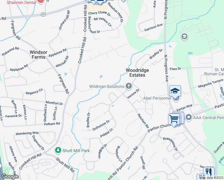 map of restaurants, bars, coffee shops, grocery stores, and more near 124 Millwood Drive in Harrisburg
