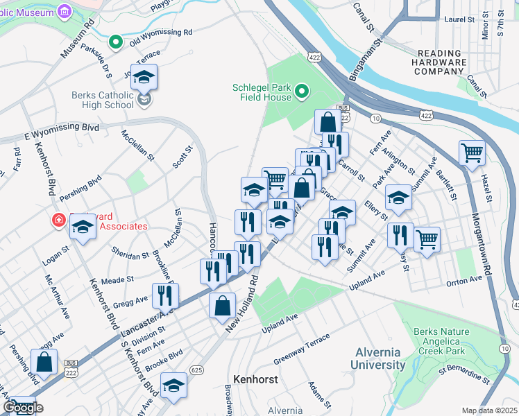 map of restaurants, bars, coffee shops, grocery stores, and more near 633 Gregg Avenue in Reading