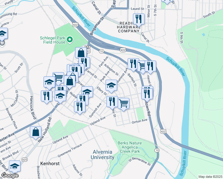 map of restaurants, bars, coffee shops, grocery stores, and more near 400 Summit Avenue in Reading