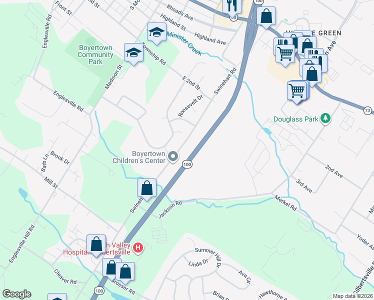 map of restaurants, bars, coffee shops, grocery stores, and more near 480 Swinehart Road in Boyertown