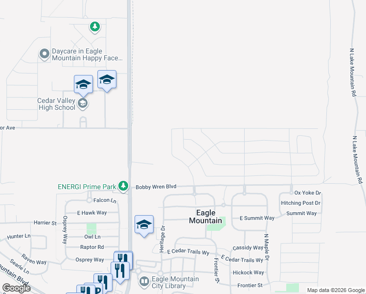 map of restaurants, bars, coffee shops, grocery stores, and more near North Emerald Avenue in Eagle Mountain