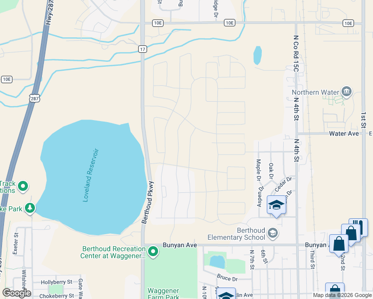 map of restaurants, bars, coffee shops, grocery stores, and more near 1516 Vantage Parkway in Berthoud