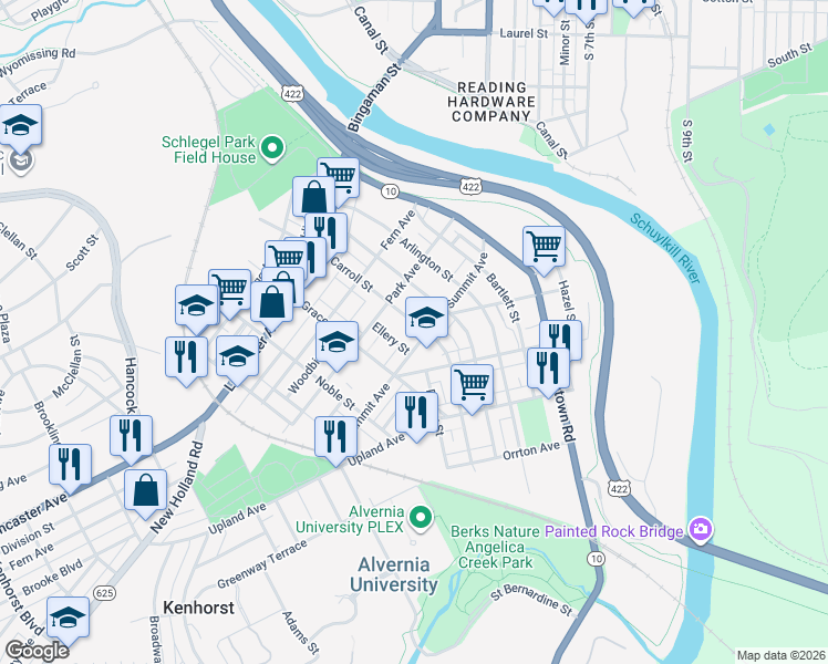 map of restaurants, bars, coffee shops, grocery stores, and more near 235 Ellery Street in Reading