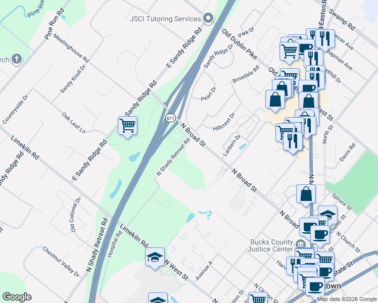map of restaurants, bars, coffee shops, grocery stores, and more near 705 North Shady Retreat Road in Doylestown