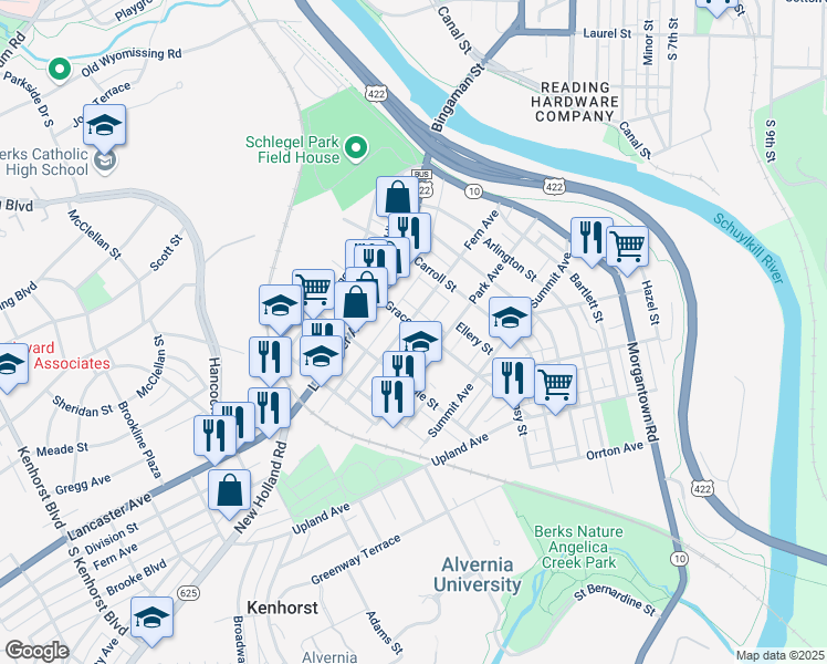 map of restaurants, bars, coffee shops, grocery stores, and more near 514 Fern Avenue in Reading