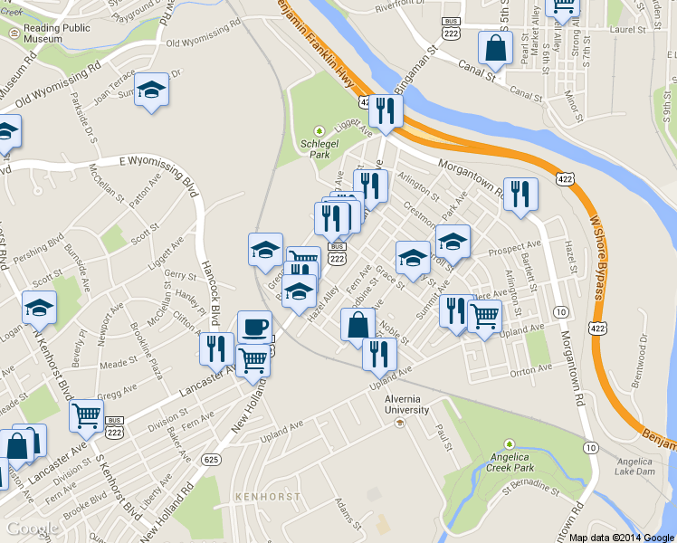 map of restaurants, bars, coffee shops, grocery stores, and more near 546 Hazel Alley in Reading