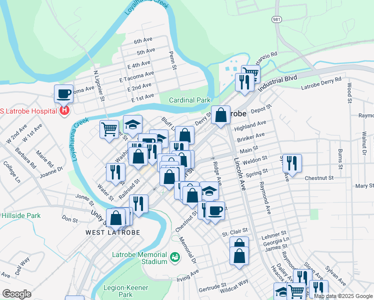 map of restaurants, bars, coffee shops, grocery stores, and more near 415 Depot Street in Latrobe