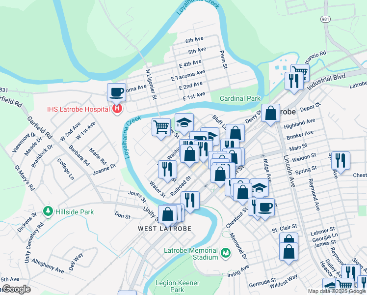 map of restaurants, bars, coffee shops, grocery stores, and more near 225 Miller Street in Latrobe