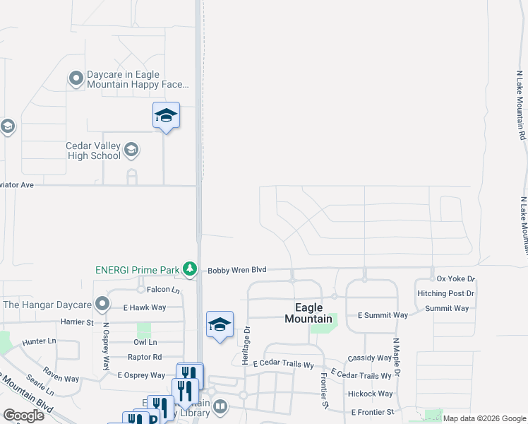 map of restaurants, bars, coffee shops, grocery stores, and more near 4916 North Topaz Drive in Eagle Mountain
