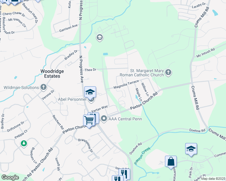 map of restaurants, bars, coffee shops, grocery stores, and more near 3605 Vartan Way in Harrisburg