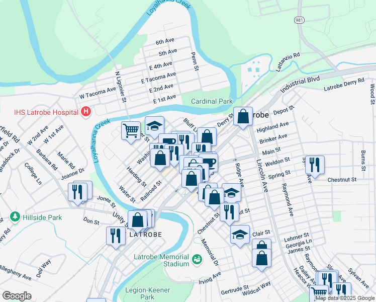 map of restaurants, bars, coffee shops, grocery stores, and more near 342 Depot Street in Latrobe