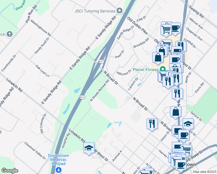map of restaurants, bars, coffee shops, grocery stores, and more near 705 North Shady Retreat Road in New Britain