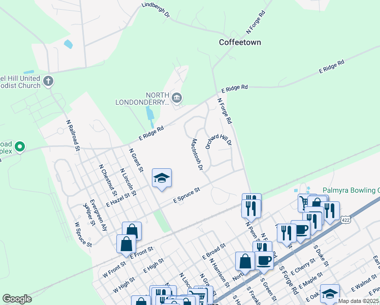 map of restaurants, bars, coffee shops, grocery stores, and more near 163 Macintosh Drive in Palmyra