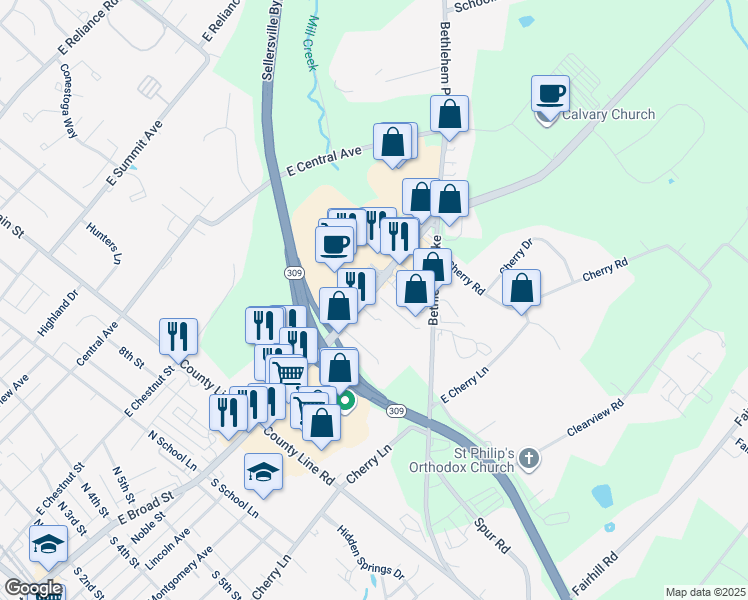 map of restaurants, bars, coffee shops, grocery stores, and more near 761 Pennsylvania 113 in Souderton