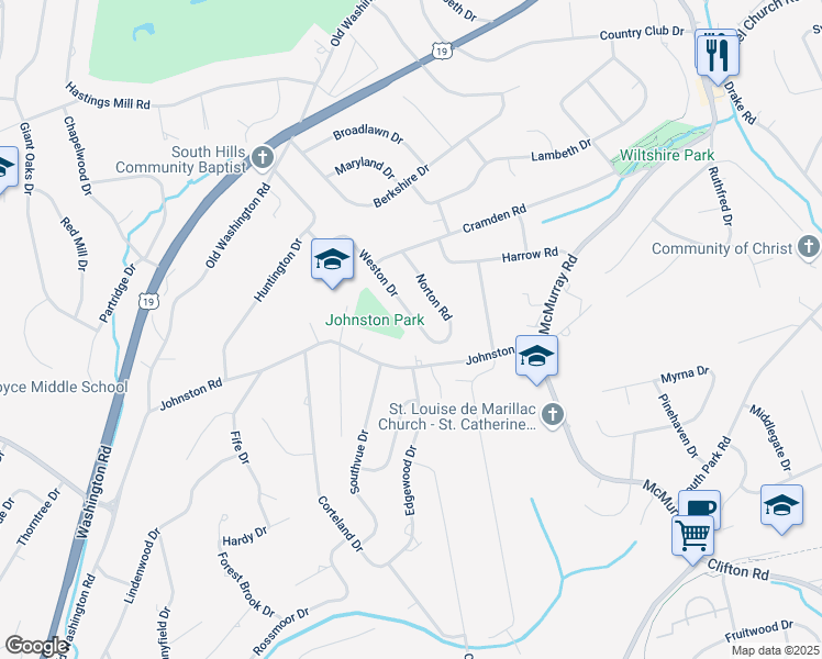 map of restaurants, bars, coffee shops, grocery stores, and more near 2352 Weston Drive in Pittsburgh