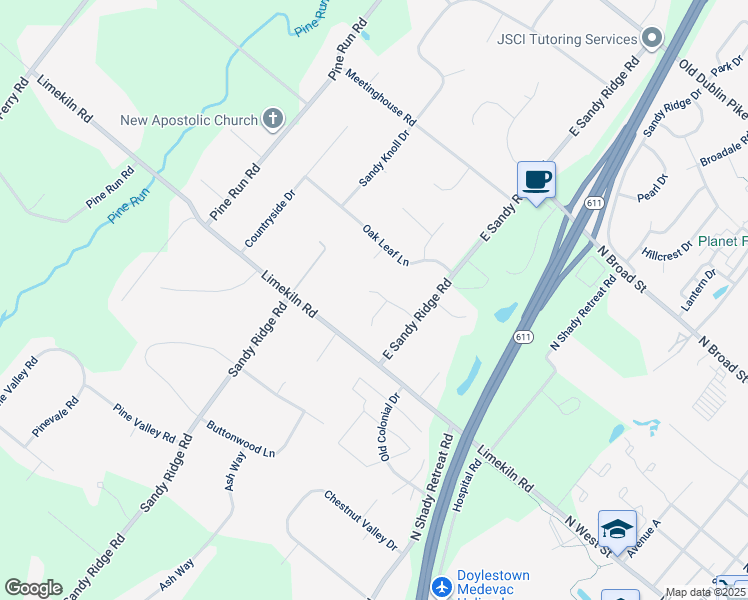 map of restaurants, bars, coffee shops, grocery stores, and more near 102 Julie Lane in Doylestown