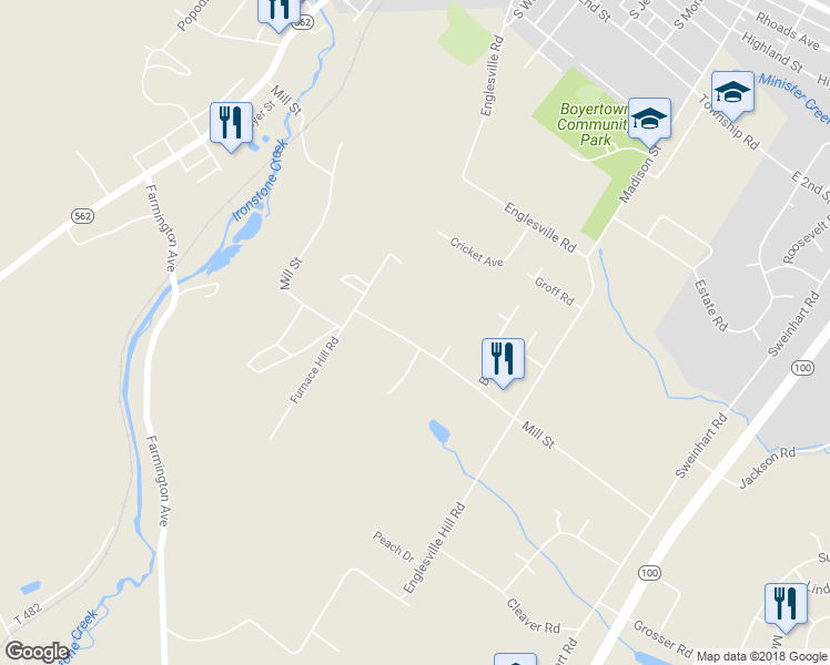 map of restaurants, bars, coffee shops, grocery stores, and more near 343 Mill Street in Boyertown
