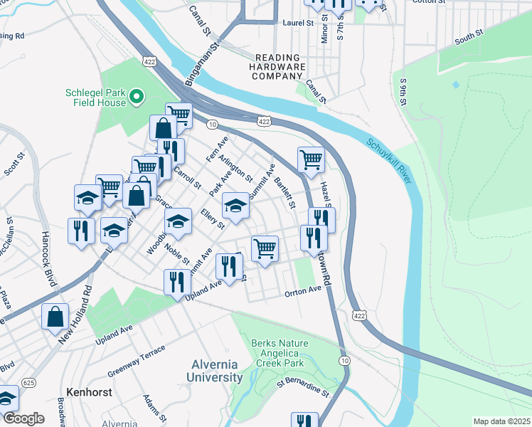 map of restaurants, bars, coffee shops, grocery stores, and more near 309 Crestmont Street in Reading
