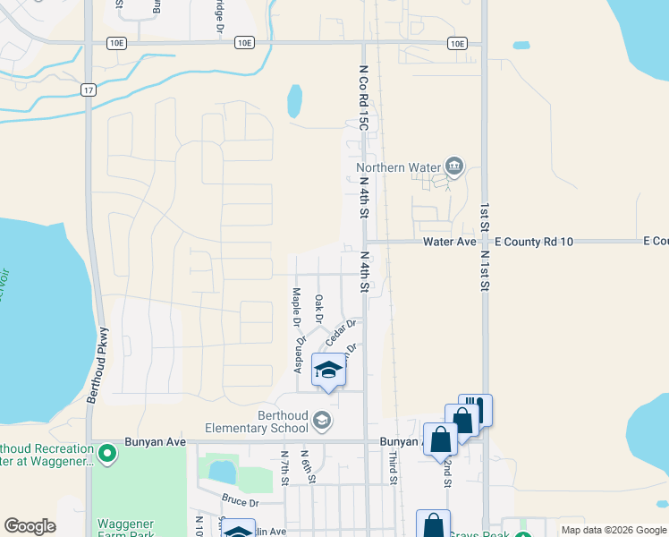 map of restaurants, bars, coffee shops, grocery stores, and more near 1601 Willow Drive in Berthoud