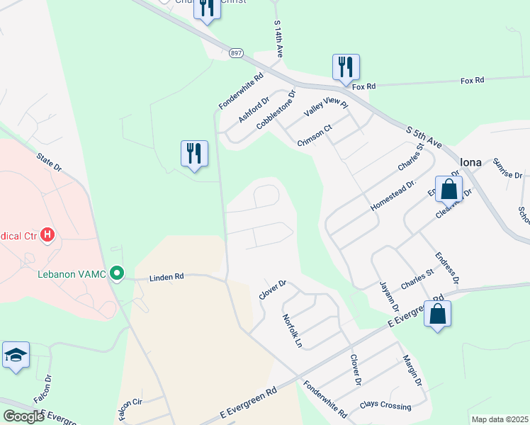 map of restaurants, bars, coffee shops, grocery stores, and more near 120 Linda Way in Lebanon