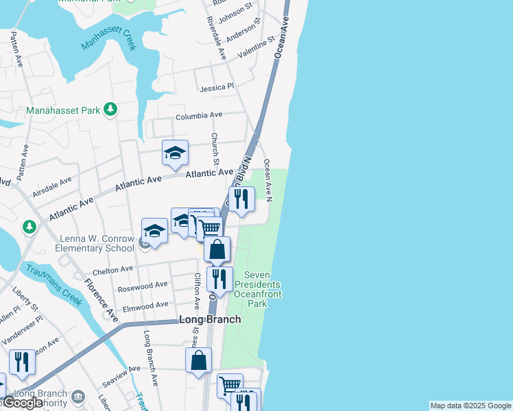 map of restaurants, bars, coffee shops, grocery stores, and more near 388 Ocean Avenue North in Long Branch