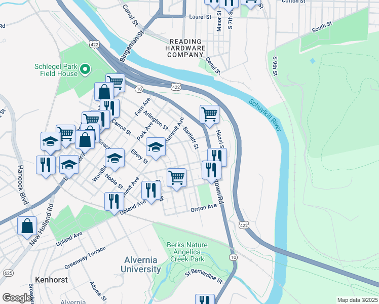map of restaurants, bars, coffee shops, grocery stores, and more near 323 Arlington Street in Reading