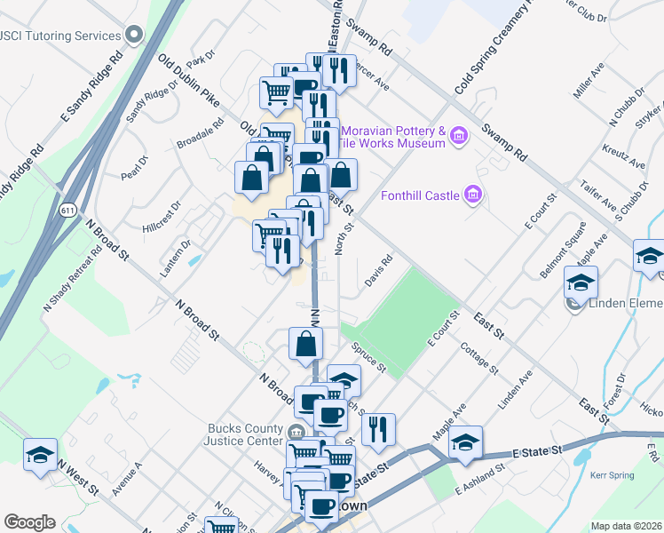 map of restaurants, bars, coffee shops, grocery stores, and more near 379 North Main Street in Doylestown