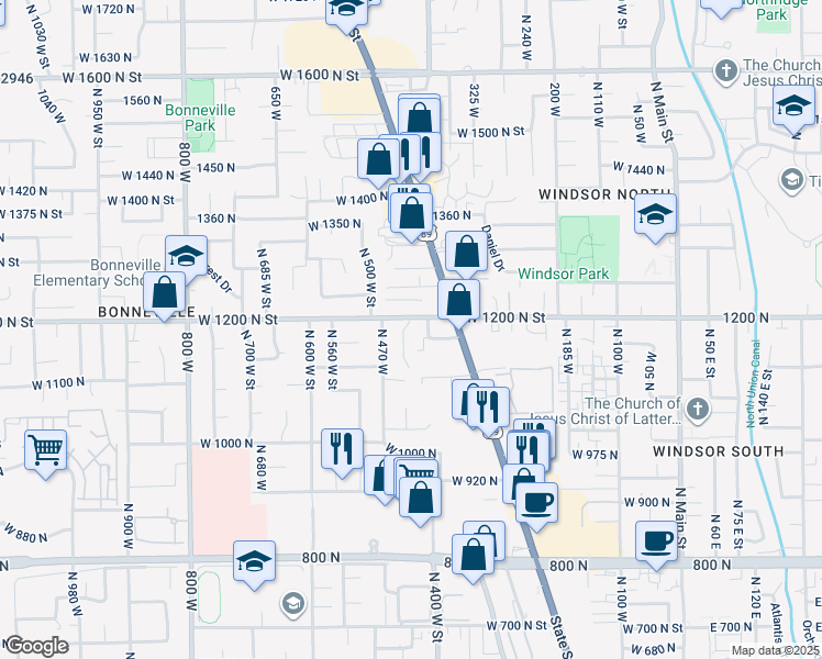 map of restaurants, bars, coffee shops, grocery stores, and more near 1170 Regent Court in Orem