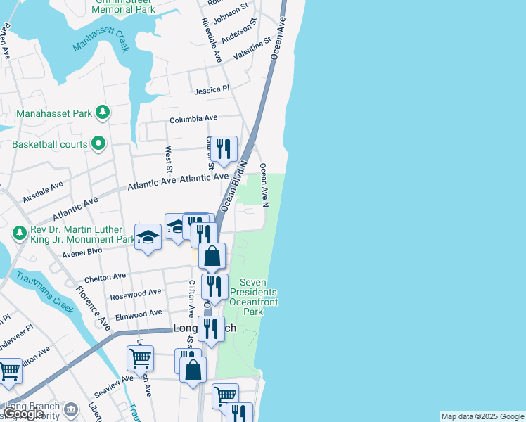 map of restaurants, bars, coffee shops, grocery stores, and more near 384 Ocean Avenue in Long Branch
