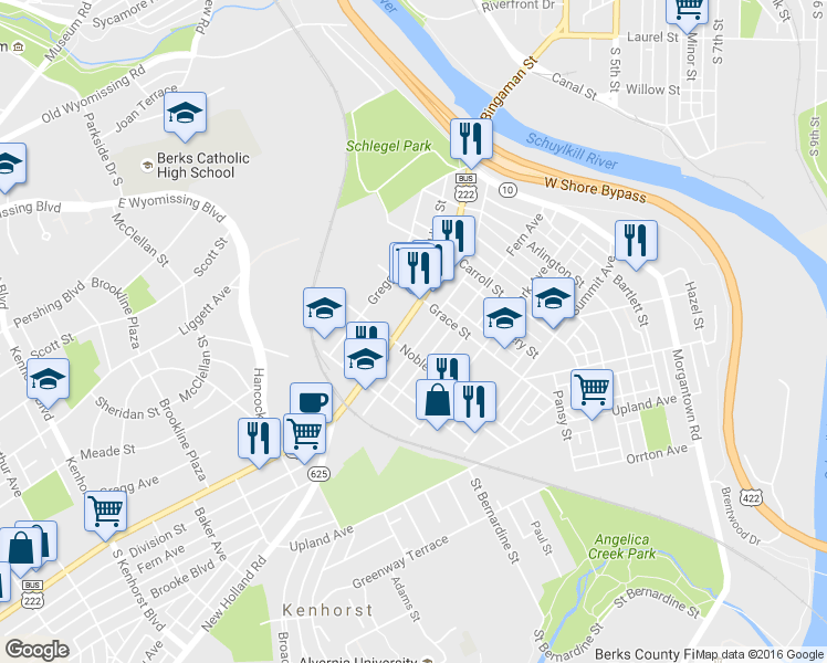 map of restaurants, bars, coffee shops, grocery stores, and more near 546 Hazel Alley in Reading