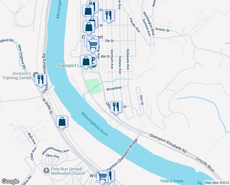 map of restaurants, bars, coffee shops, grocery stores, and more near 1024 Indiana Avenue in Glassport