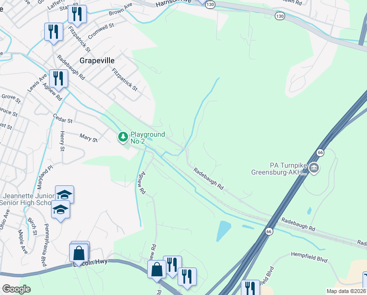 map of restaurants, bars, coffee shops, grocery stores, and more near 2651 Radebaugh Road in Jeannette