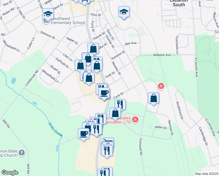 map of restaurants, bars, coffee shops, grocery stores, and more near 1401 Quentin Road in Lebanon
