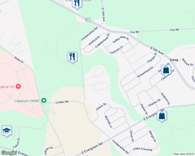 map of restaurants, bars, coffee shops, grocery stores, and more near 120 Linda Way in Lebanon