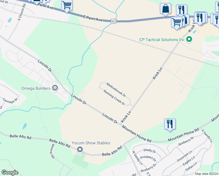 map of restaurants, bars, coffee shops, grocery stores, and more near 24 Mellowbrook Drive in Sinking Spring
