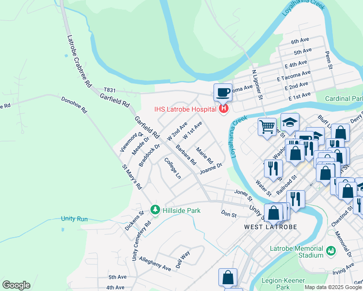 map of restaurants, bars, coffee shops, grocery stores, and more near 56 Barbara Road in Latrobe