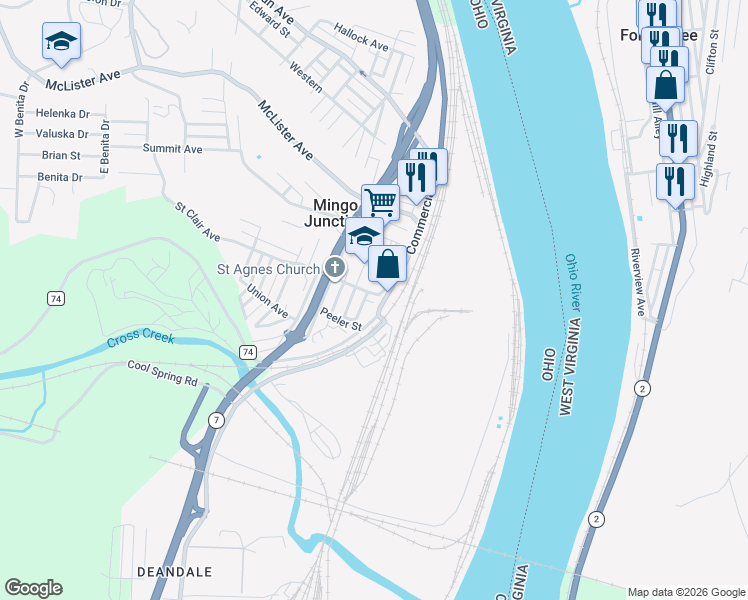 map of restaurants, bars, coffee shops, grocery stores, and more near 212 Kirt Doll Way in Mingo Junction