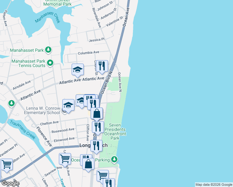 map of restaurants, bars, coffee shops, grocery stores, and more near 384 Ocean Avenue in Long Branch