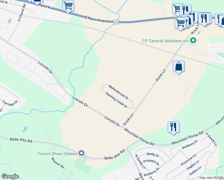 map of restaurants, bars, coffee shops, grocery stores, and more near 24 Mellowbrook Drive in Sinking Spring