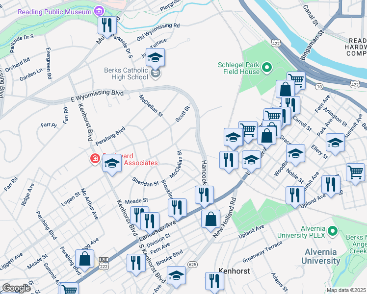 map of restaurants, bars, coffee shops, grocery stores, and more near 217 Gerry Street in Reading